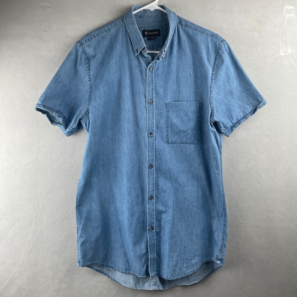 ZANEROBE Blue Denim Short Sleeve‎ Button Up Shirt Pocket Casual Beach Hip Mens M